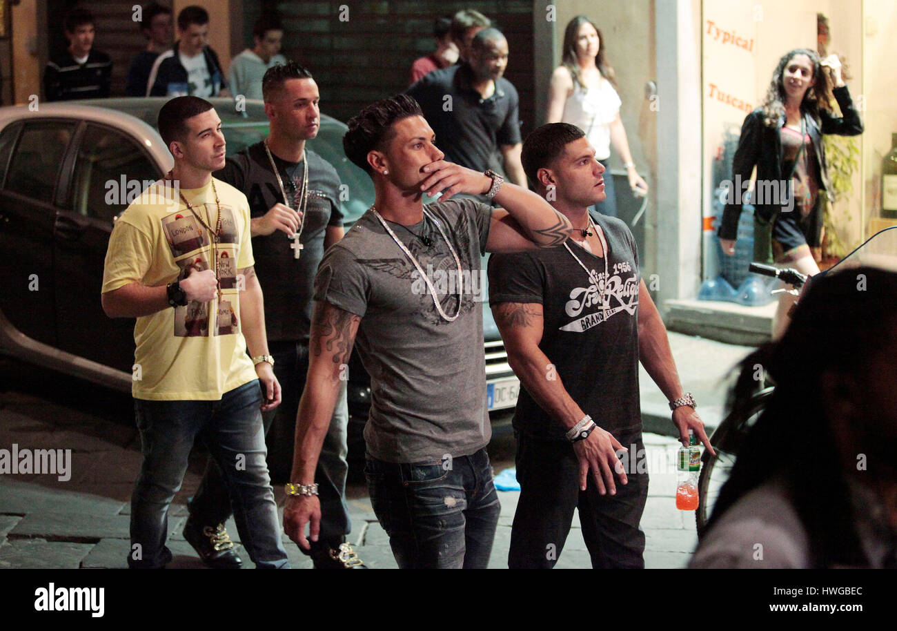 Vinny Guadagnino, Mike 'the Situation' Sorrentino , DJ Pauly D, and Ronnie Ortiz-Magro walk around Florence for the fourth season of MTV's 'Jersey Shore' in Florence, Italy,  on May 14, 2011. Photo by Francis Specker Stock Photo