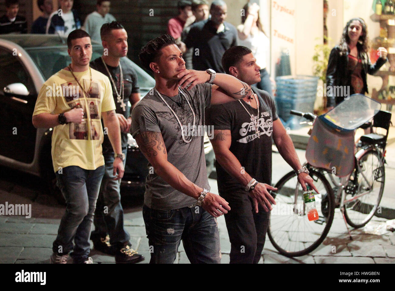 Vinny Guadagnino, Mike 'the Situation' Sorrentino , DJ Pauly D, and Ronnie Ortiz-Magro walk around Florence for the fourth season of MTV's 'Jersey Shore' in Florence, Italy,  on May 14, 2011. Photo by Francis Specker Stock Photo