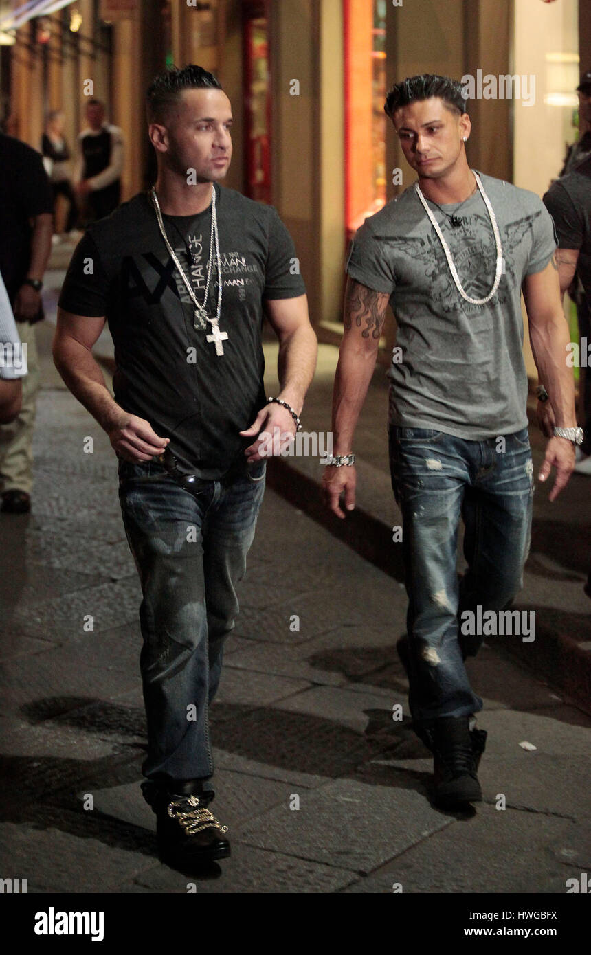Mike 'The Situation' Sorrentino, left, and DJ Pauly D, walk around Florence for the fourth season of MTV's 'Jersey Shore' in Florence, Italy,  on May 14, 2011. Photo by Francis Specker Stock Photo