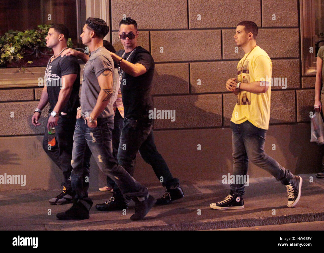 Ronnie Ortiz-Magro, DJ Pauly D, Mike 'The Situation' Sorrentino and Vinny Guadagnino walk around Florence for the fourth season of MTV's 'Jersey Shore' in Florence, Italy,  on May 14, 2011. Photo by Francis Specker Stock Photo