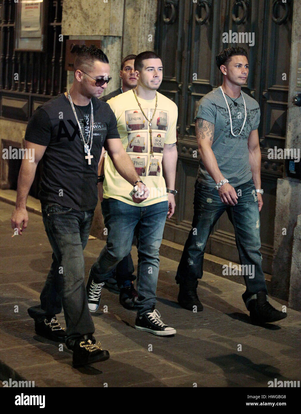 Mike 'the Situation' Sorrentino, Ronnie Ortiz-Magro,  Vinny Guadagnino, and DJ Pauly D  walk around Florence for the fourth season of MTV's 'Jersey Shore' in Florence, Italy,  on May 14, 2011. Photo by Francis Specker Stock Photo