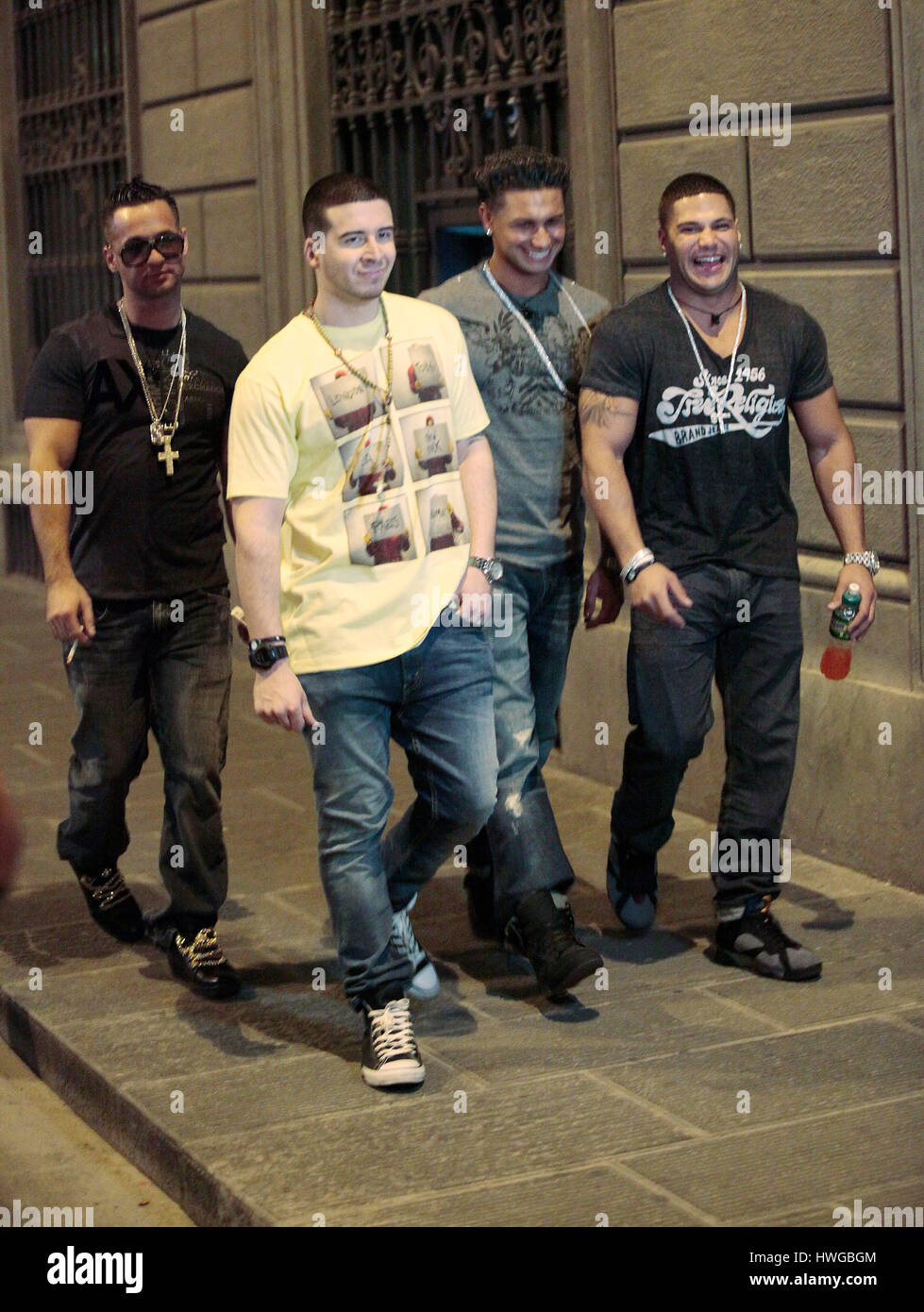 Mike 'the Situation' Sorrentino,  Vinny Guadagnino,DJ Pauly D, and Ronnie Ortiz-Magro  walk around Florence for the fourth season of MTV's 'Jersey Shore' in Florence, Italy,  on May 14, 2011. Photo by Francis Specker Stock Photo