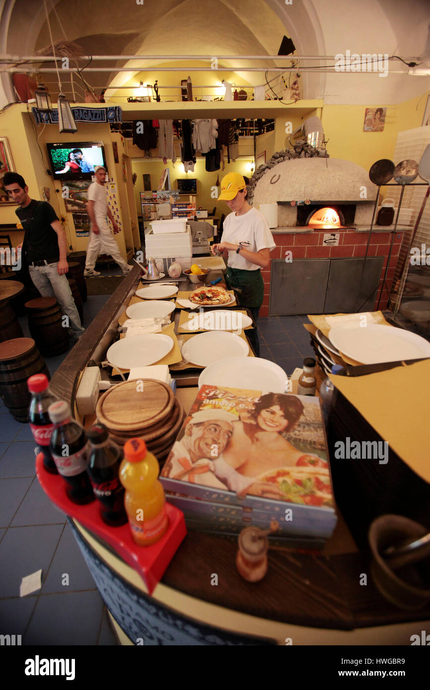 The interior of Pizzeria O' Vesuvio, the workplace for the cast of