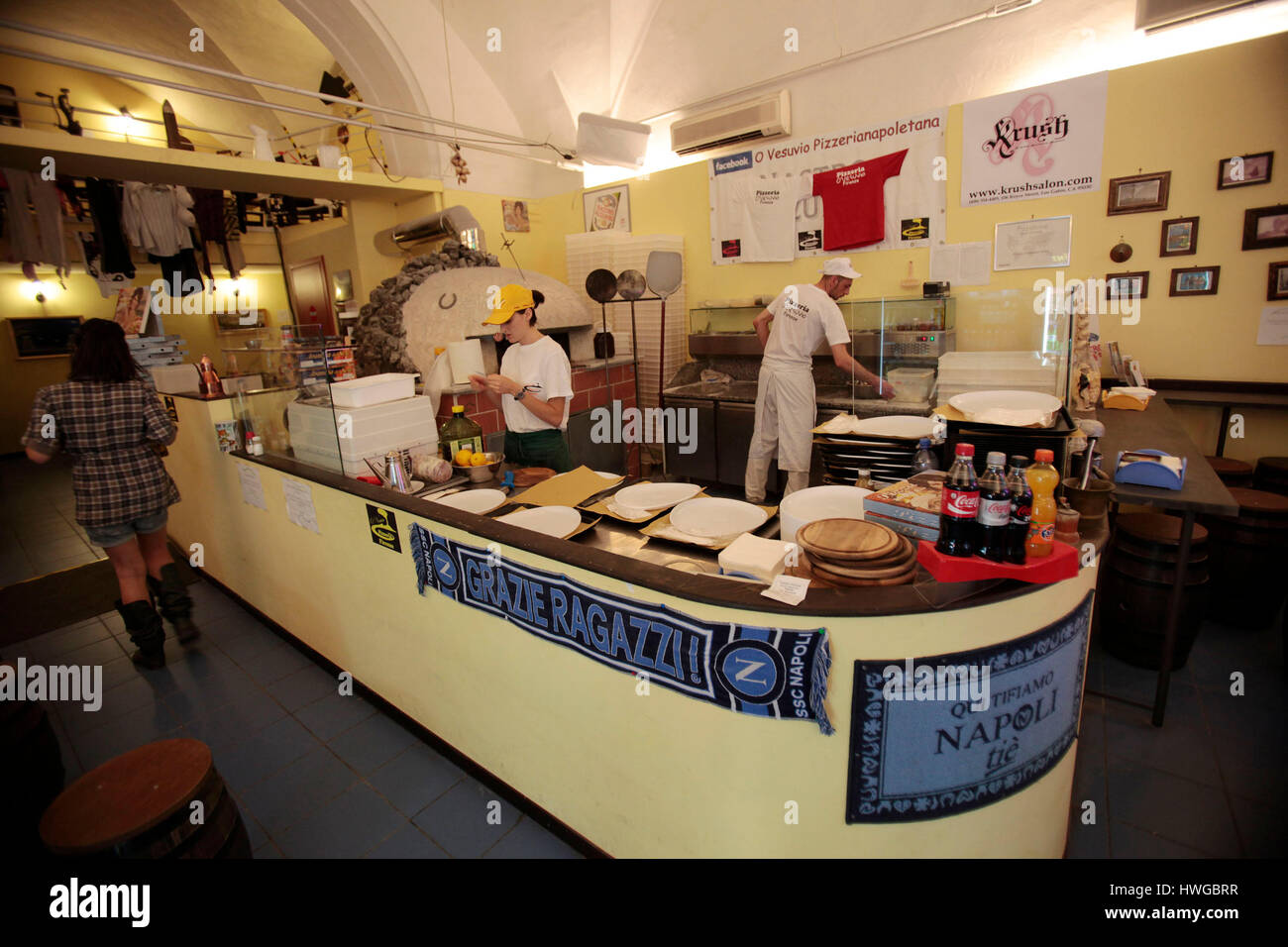 The interior of Pizzeria O' Vesuvio, the workplace for the cast of