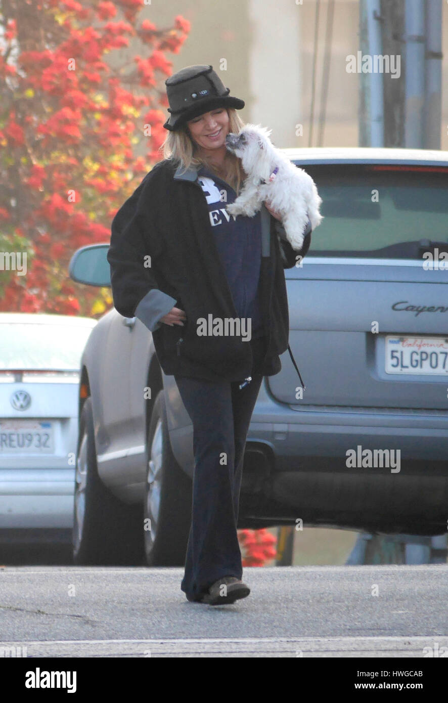 Jeanie Buss, girlfriend of Phil Jackson, walking her dog on March 15, 2014 in Los Angeles, California. Photo by Francis Specker Stock Photo