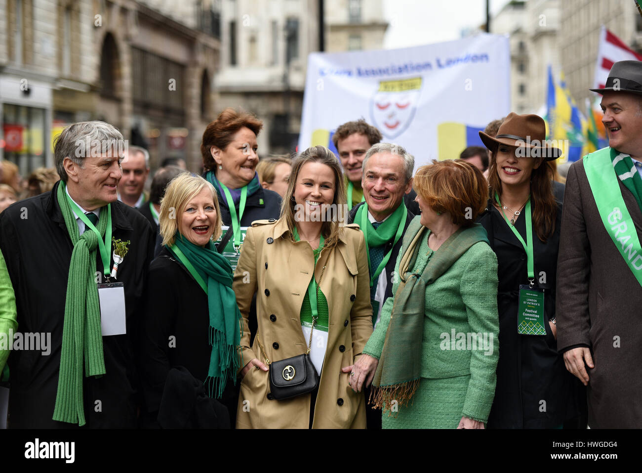 Dara O'Briain led the 2017 St Patrick's Day Parade through London in the roll of Grand Marshal alongside government representatives and guests Stock Photo