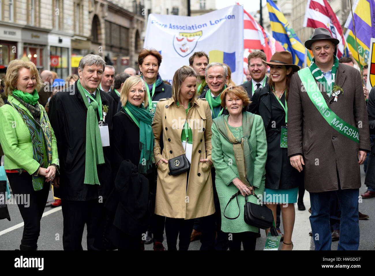 Dara O'Briain led the 2017 St Patrick's Day Parade through London in the roll of Grand Marshal alongside government representatives and guests Stock Photo