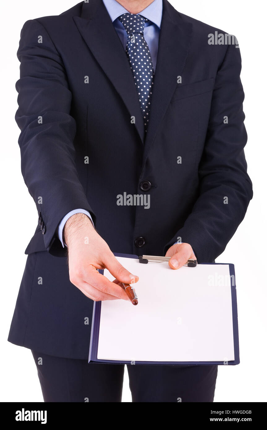 Businessman with pen and clipboard Stock Photo - Alamy