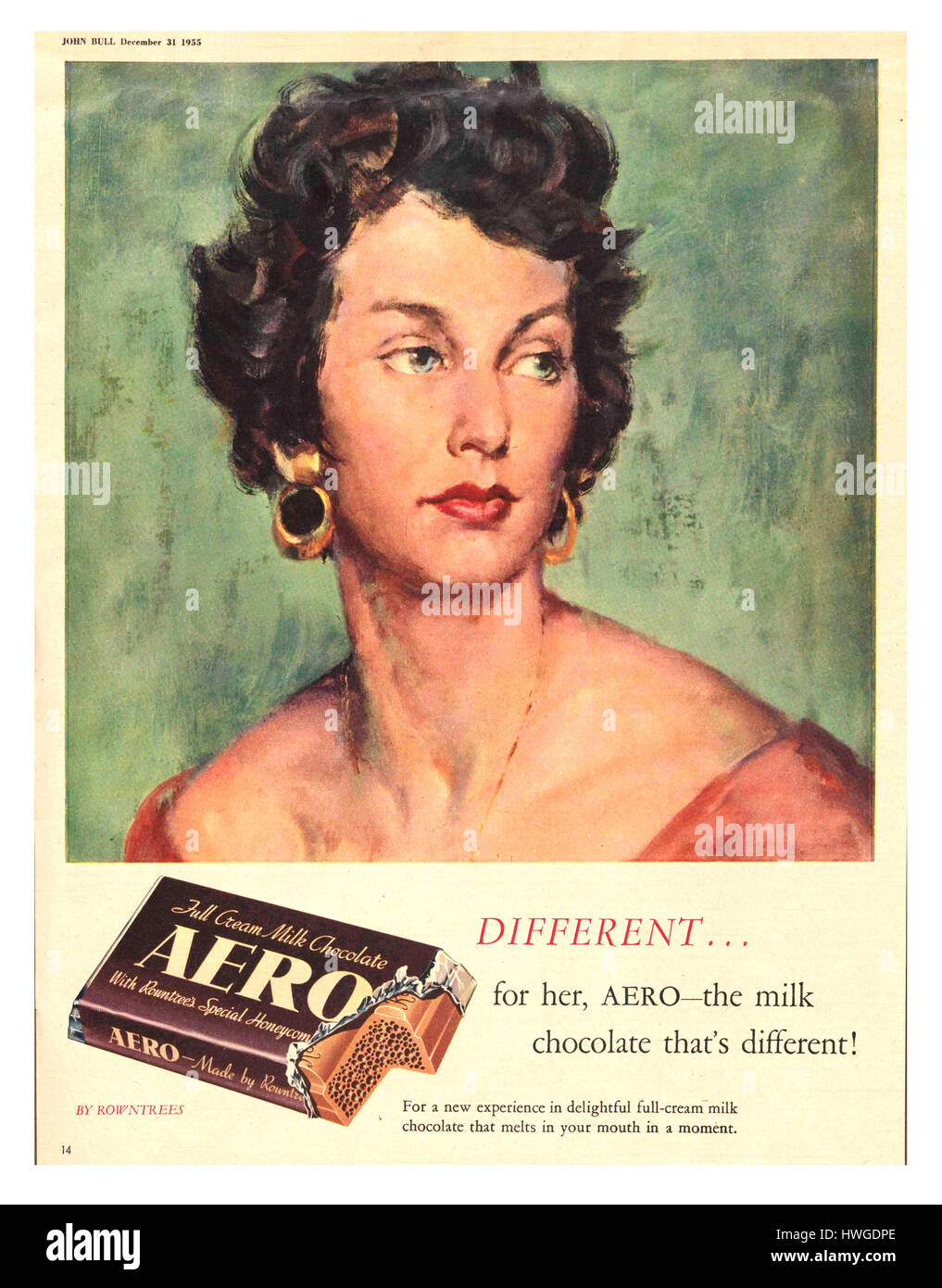 1955 Magazine advertisement for Rowntree Aero Milk Chocolate bar Stock Photo