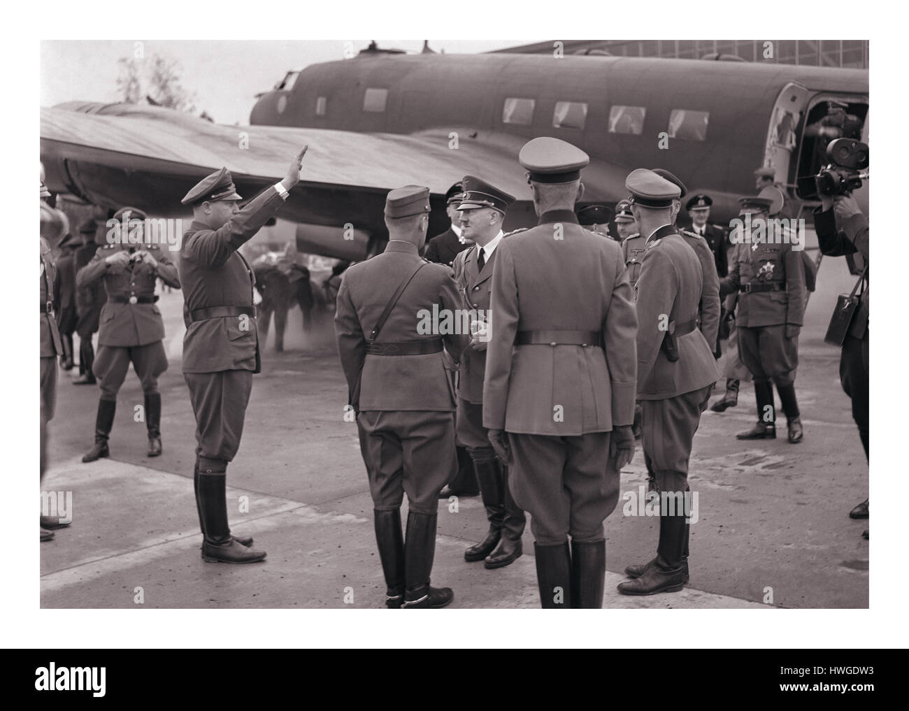 Adolph Hitler and Keitel arrive in Immola Finland June 4 1942 It was Finnish Field Marshal Carl Gustav Mannerheim's 75th birthday. Adolf Hitler took this occasion to fly to Finland to congratulate Mannerheim in person and to discuss many important issues The meeting took place in eastern Finland in area of Immola airfield, near the city of Imatra. After that meeting Mannerheim played a long waiting game and didn't become an ally of Germany against the axis.. a very wise move ! Stock Photo