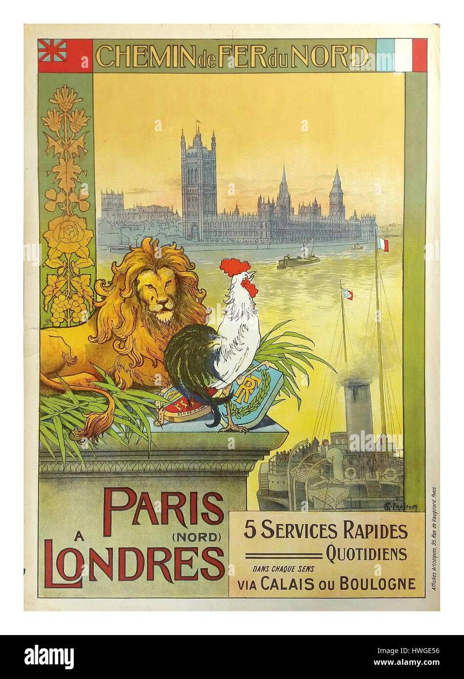 Vintage retro 1900's travel poster 'Chemin de Fer du Nord' for rail services Paris London via Calais or Boulogne Stock Photo