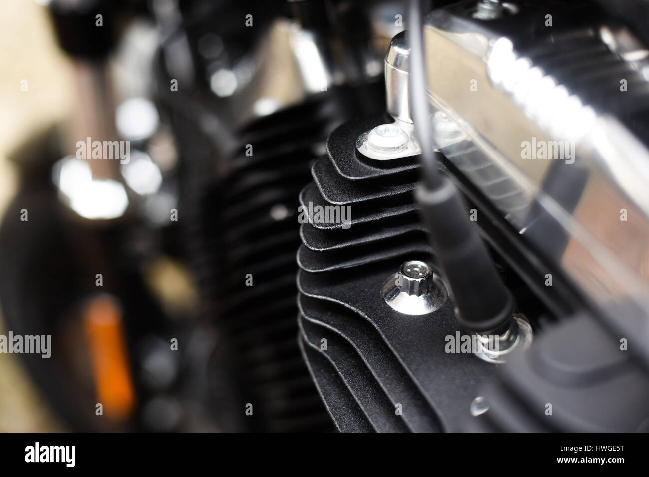 Motorbike engine cooling iron wings detail external engine part close up Stock Photo