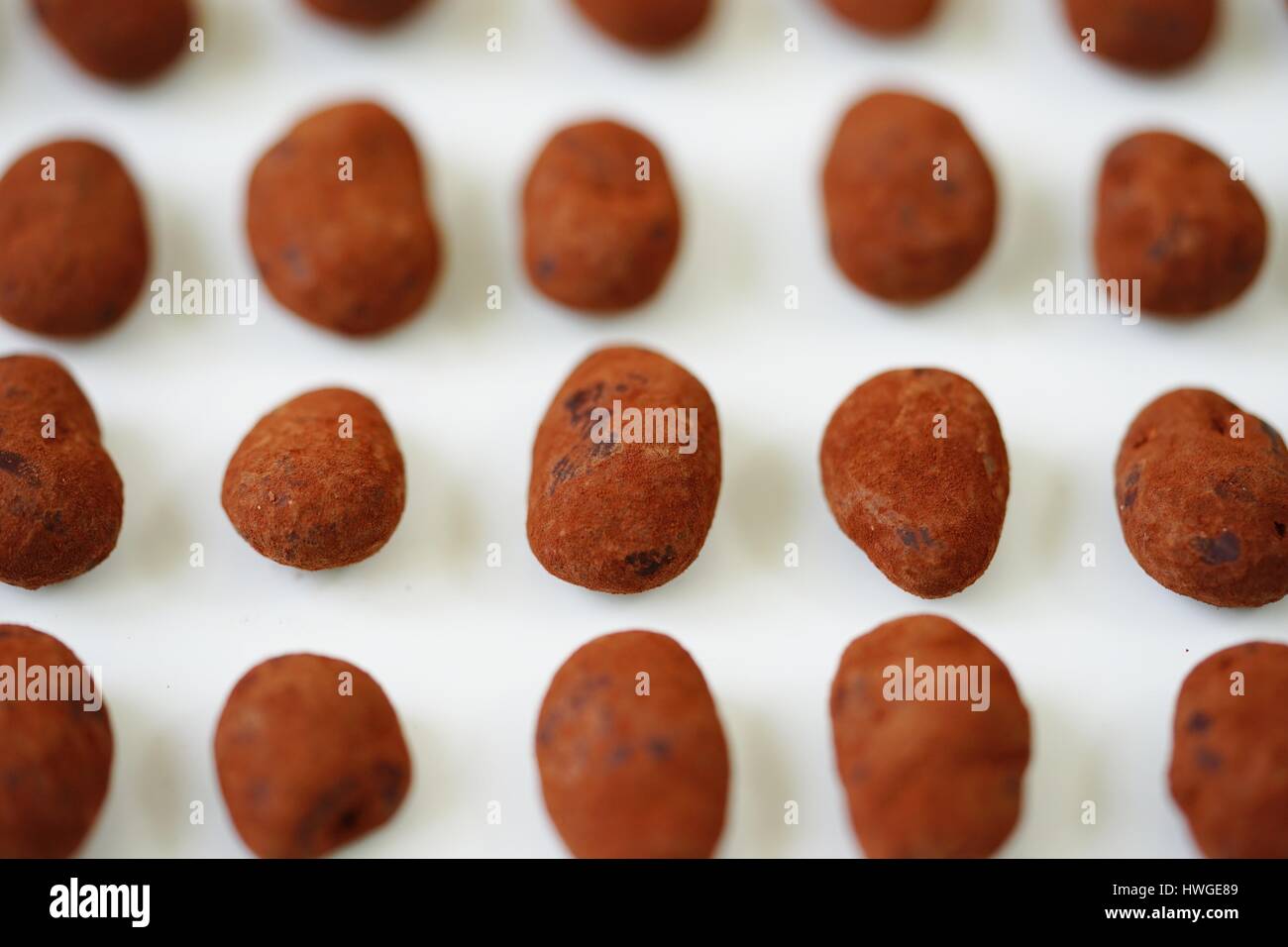 Whole almonds covered with French dark chocolate and cocoa powder on a