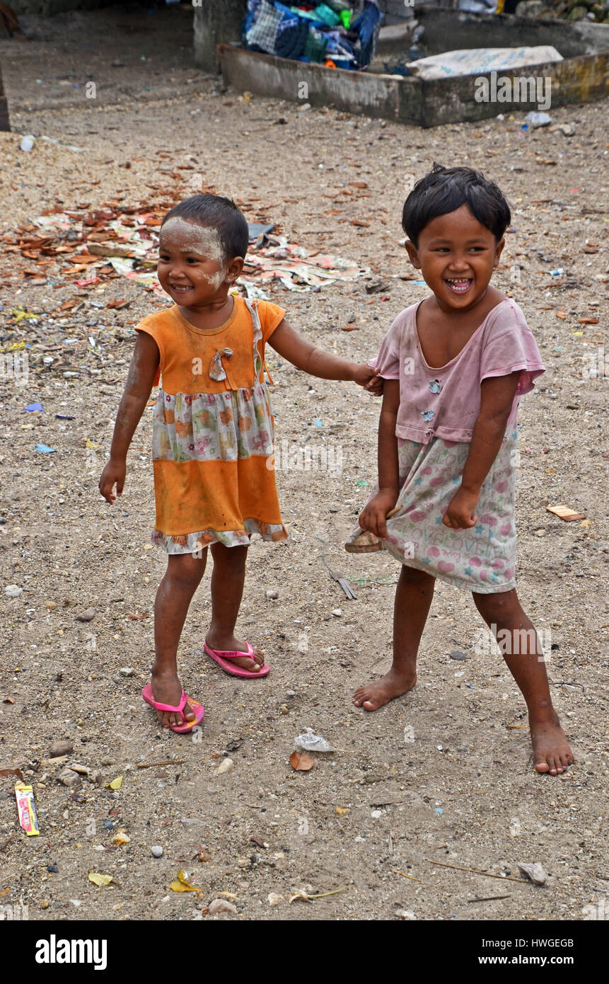 Two Moken girls in the village of Makyone Galet, Lampi National Marine ...