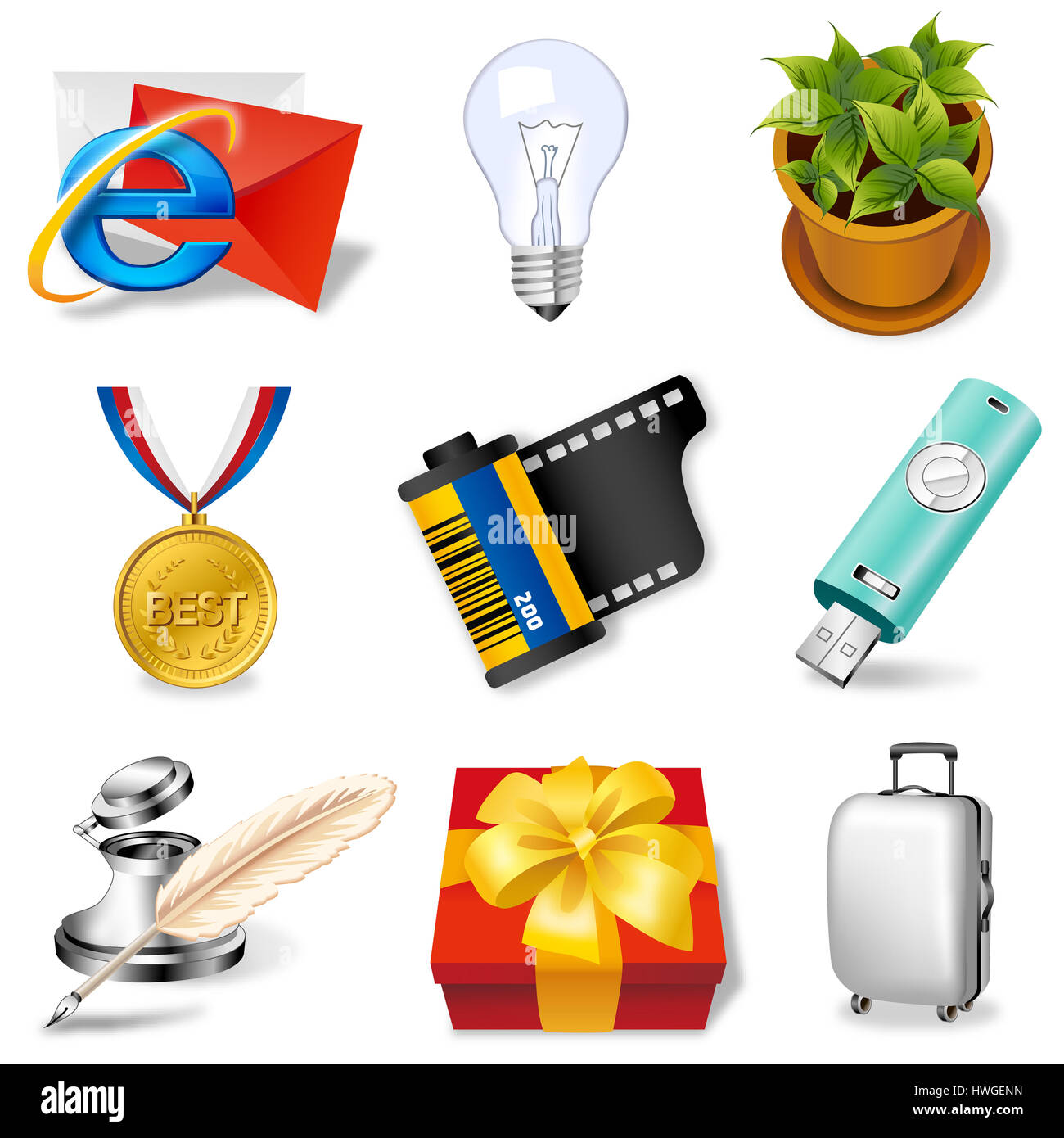 email,internet explorer,internet,net,network,communication,connection,e symbol,sign,envelope,mail,browser,bulb,light,light bulb,electricity,plant,show plant,leaves,pot,medal,reward,achievement,success,roll,photo,negative roll,pen drive,usb,quill,feather,ink pot,gift box,gift,bag,baggage,luggage,travel,white background,symbol,abstract,art,artwork,computer Stock Photo
