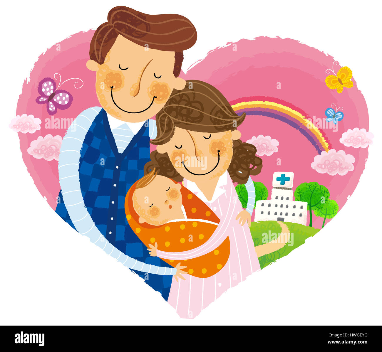 background,white background,white,heart,heart shape,pink,holding,happy,smiling,closed eye,pleasing,new born,baby,infant,wrapped,cloth,casual clothing,clouds,butterfly,rainbow,tree,hospital,exterior,outdoor,outdoors,portrait,close-up,front view,brown,brown hair,building,building exterior,small, around Stock Photo