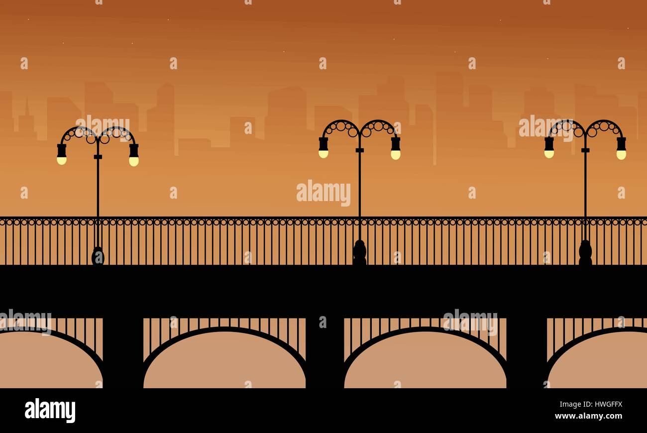 Bridge with street lamp landscape of silhouettes Stock Vector Image ...