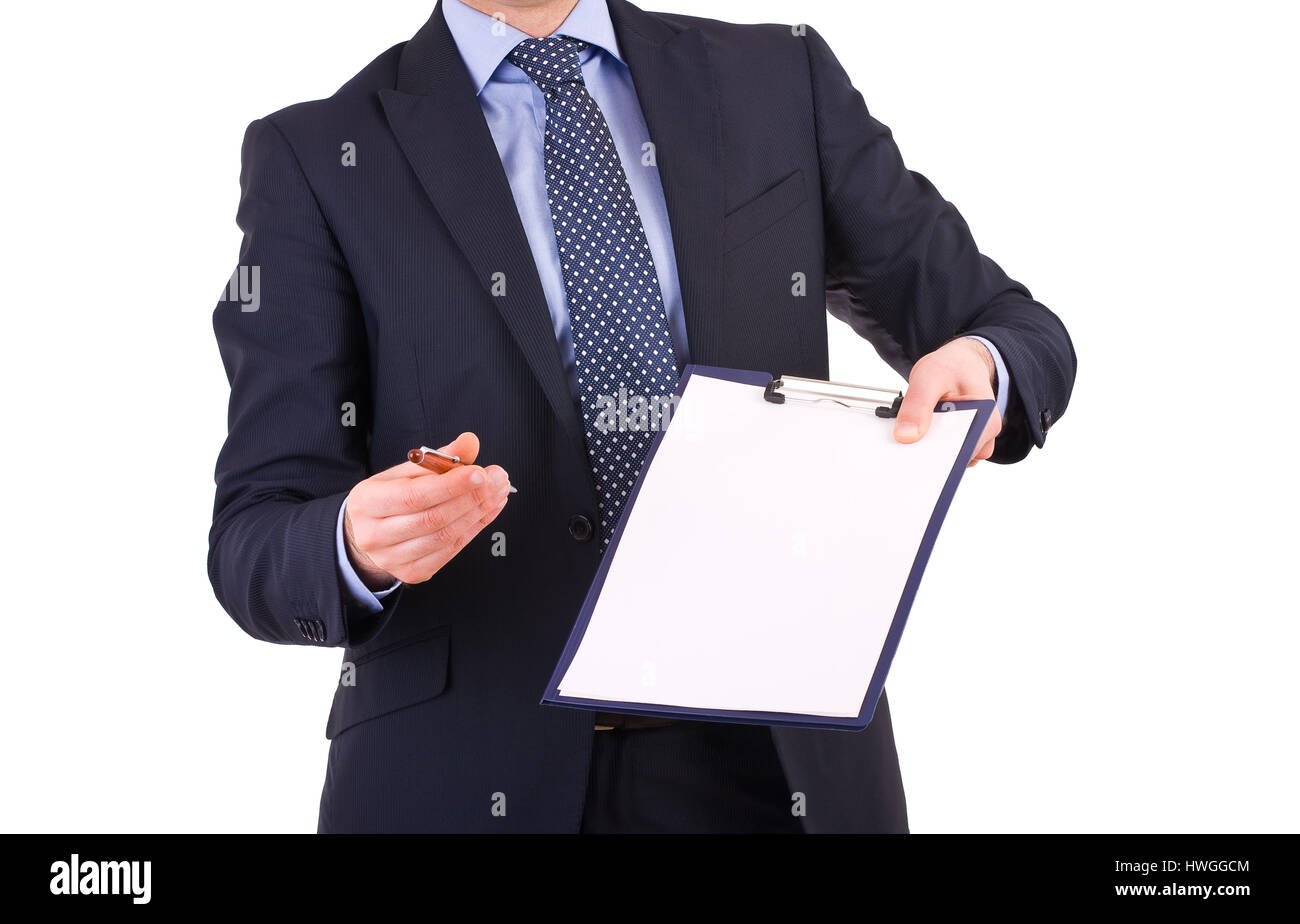 Businessman with pen and clipboard Stock Photo - Alamy