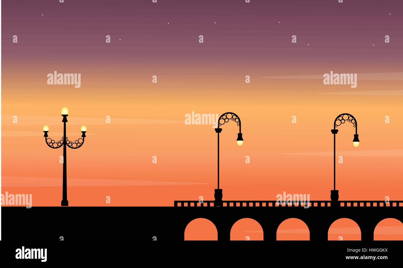 Bridge with street lamp landscape silhouettes Stock Vector Image & Art ...