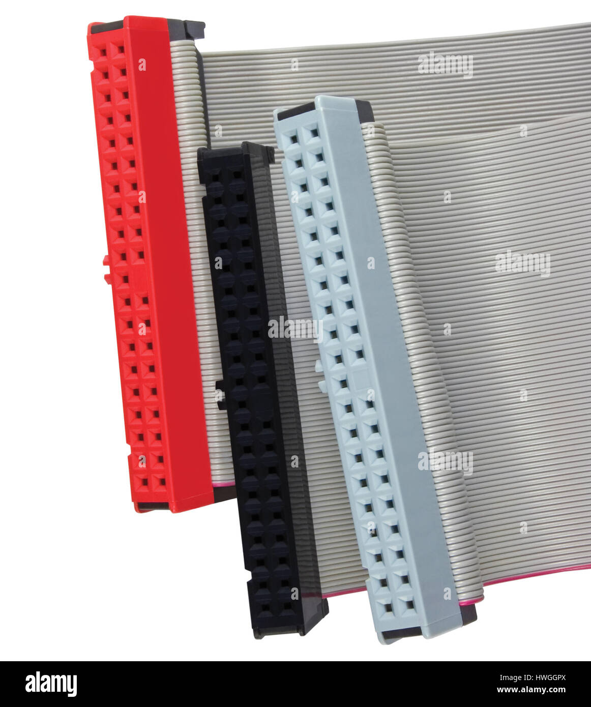 IDE connectors and ribbon cables for hard drive on PC computer, isolated, red, grey, black
