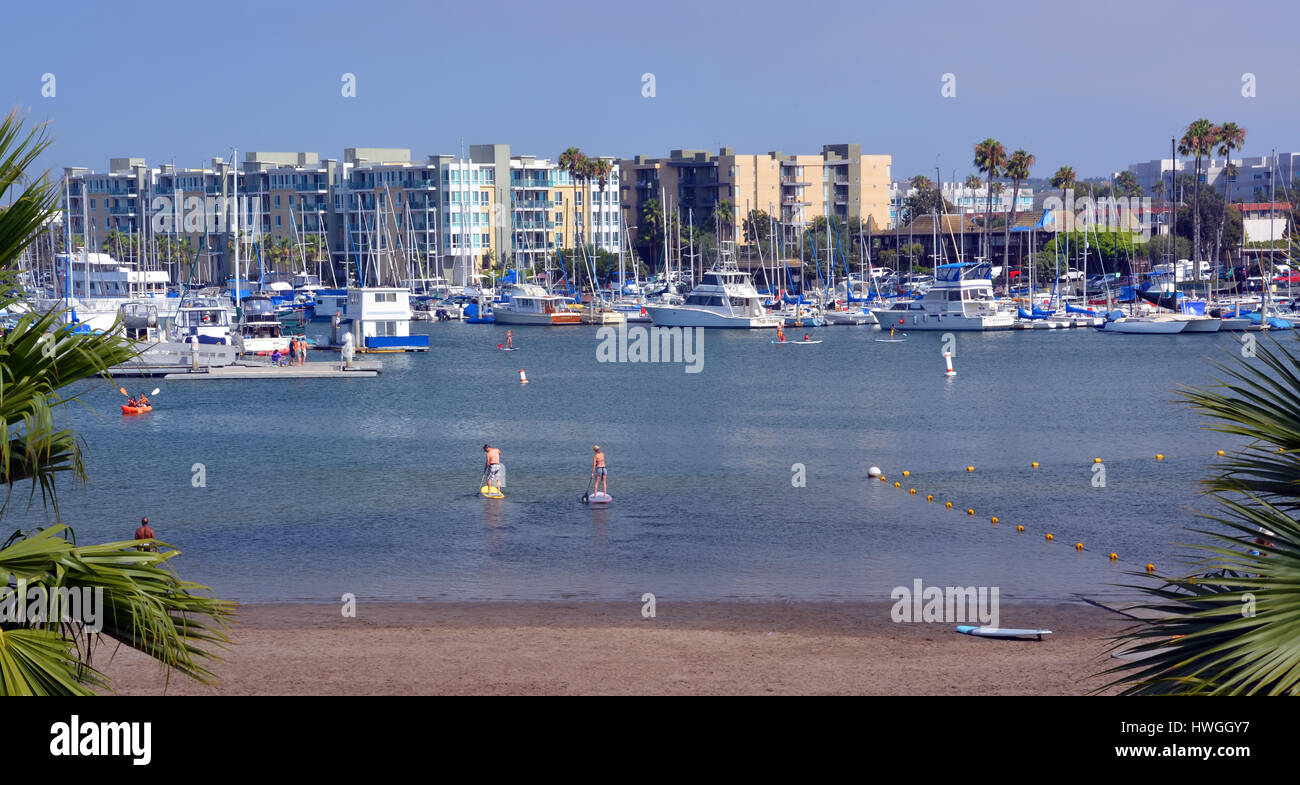 Los Angeles, USA - July 14, 2013: Paddle Boarders practicing at Marina Del Rey, Los Angeles, USA. Stock Photo