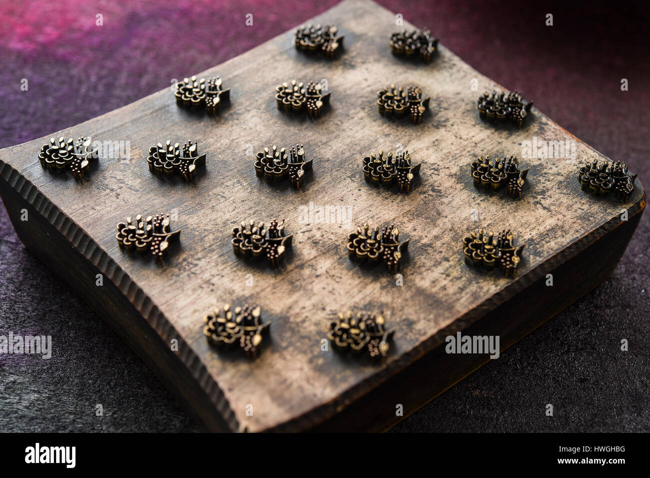 Block printing, woodblock with paint on felt mat, Bad Aussee, Styria, Austria Stock Photo