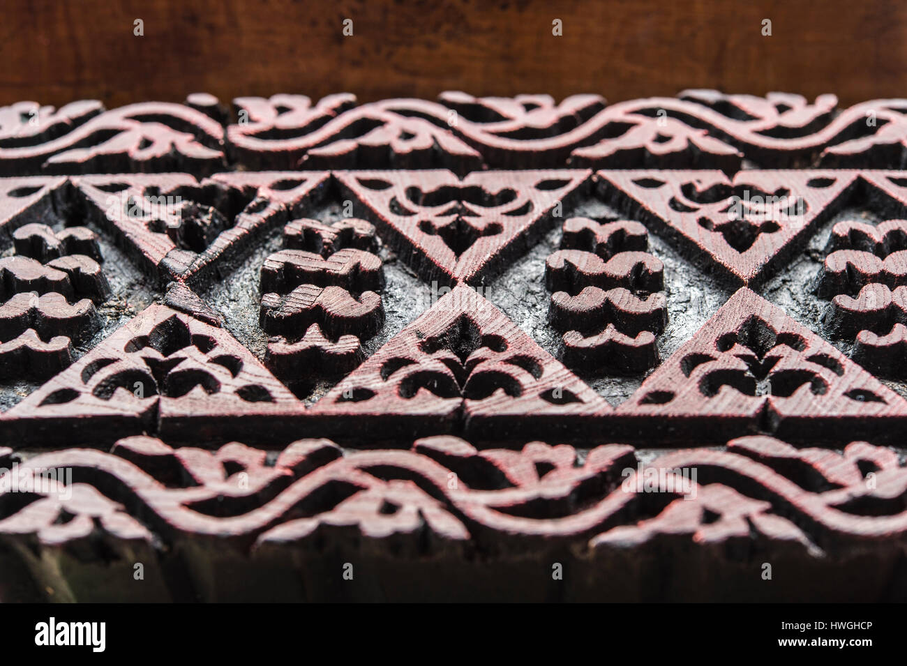 Block printing, woodblock with pattern made of wood, Bad Aussee, Styria, Austria Stock Photo