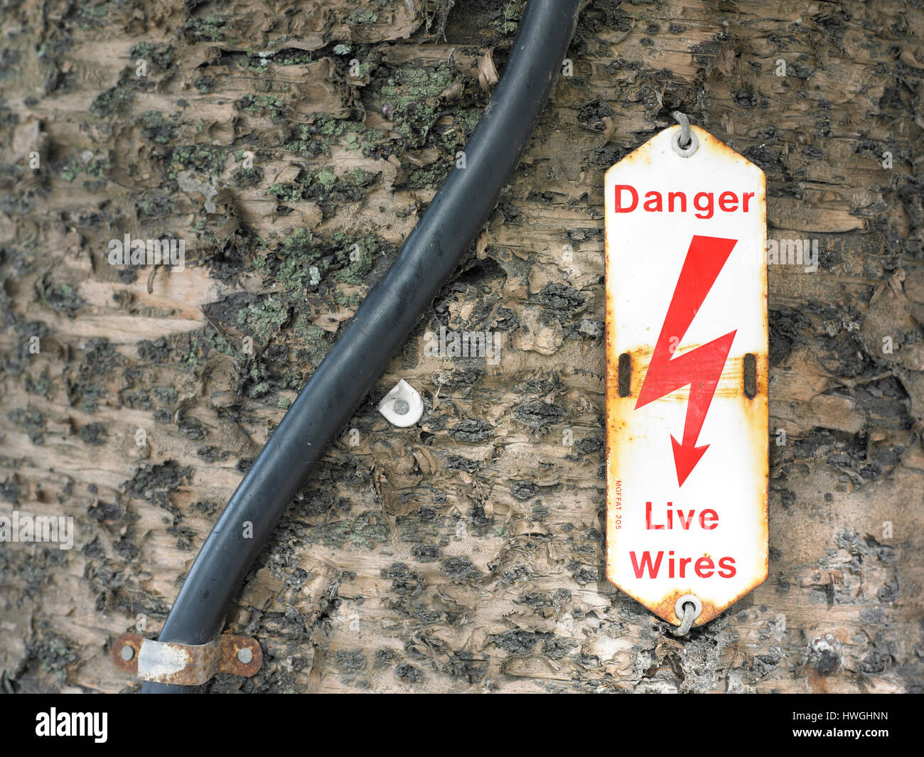 Danger live wires sign and high power cable Stock Photo