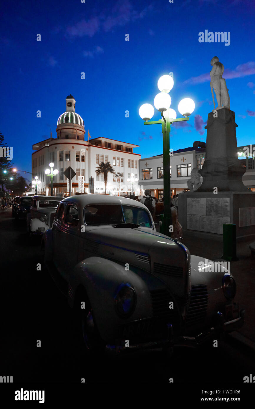 Napier dome building with art deco car at festival, evening time Stock Photo