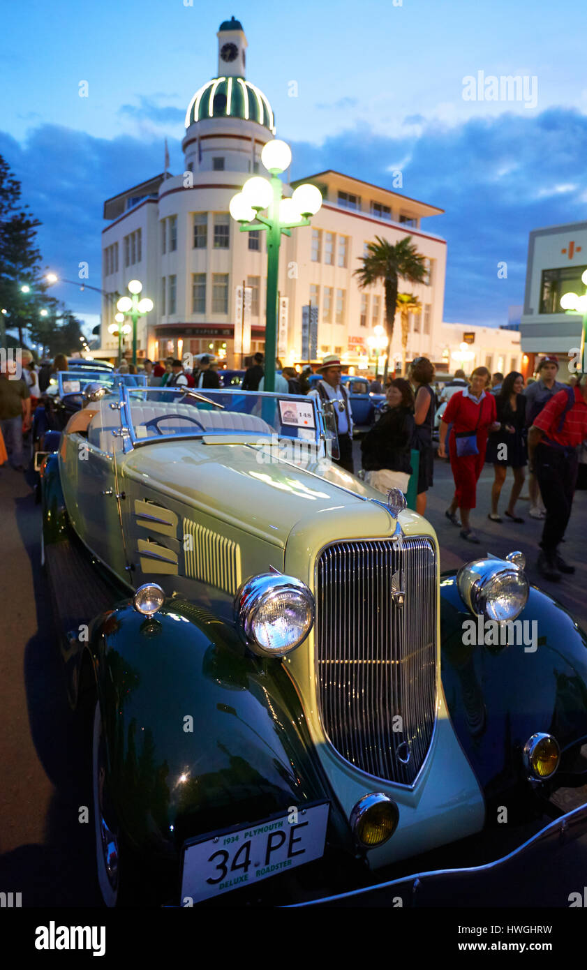 Napier dome building with art deco car at festival, evening time Stock Photo