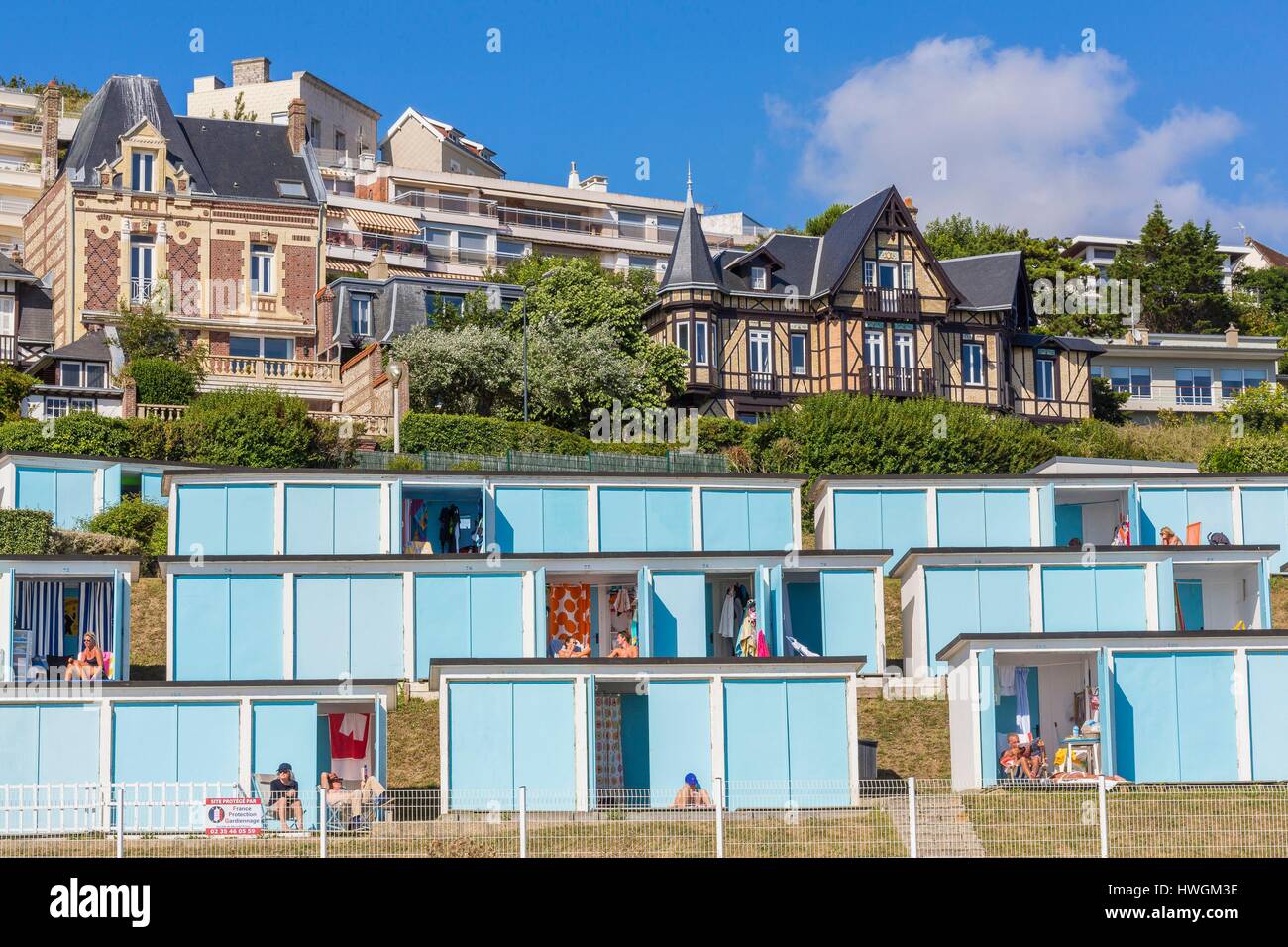 France, Seine Maritime, Sainte Adresse, Le Havre, cabins and houses of front of sea Stock Photo