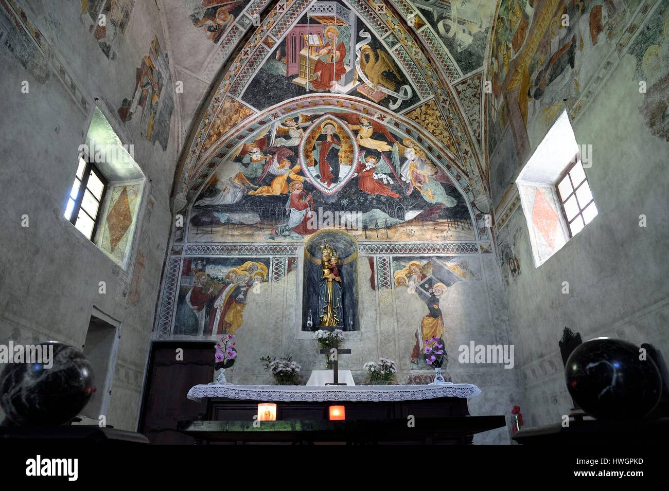 France, Alpes Maritimes, Roya Valley, La Brigue, Notre Dame des Fontaines Chapel, 15th century frescos from the heard attributed to Giovanni Baleison Stock Photo