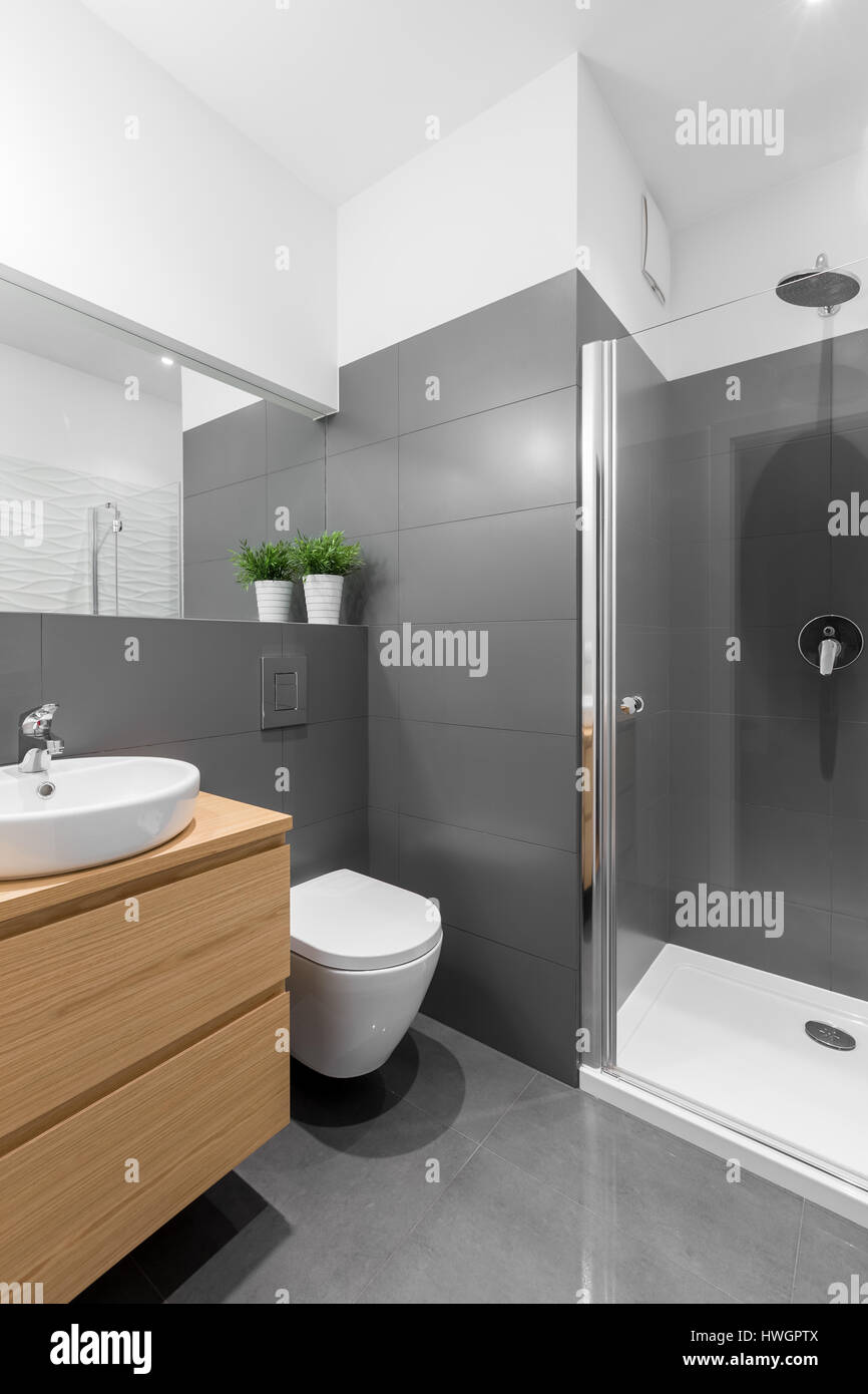 Elegant gray bathroom with big shower and wooden furniture Stock Photo