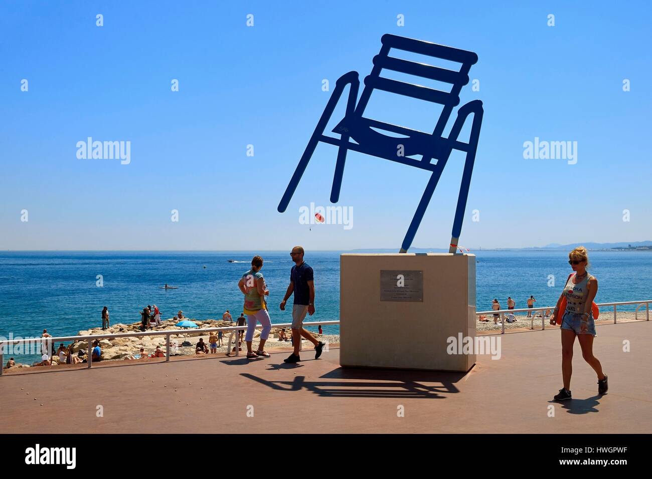 France, Alpes Maritimes, Nice, la chaise bleue de Sab (the Sab blue chair)  by the Nice artist Sabine Géraudie on the Promenade des Anglais Stock Photo  - Alamy