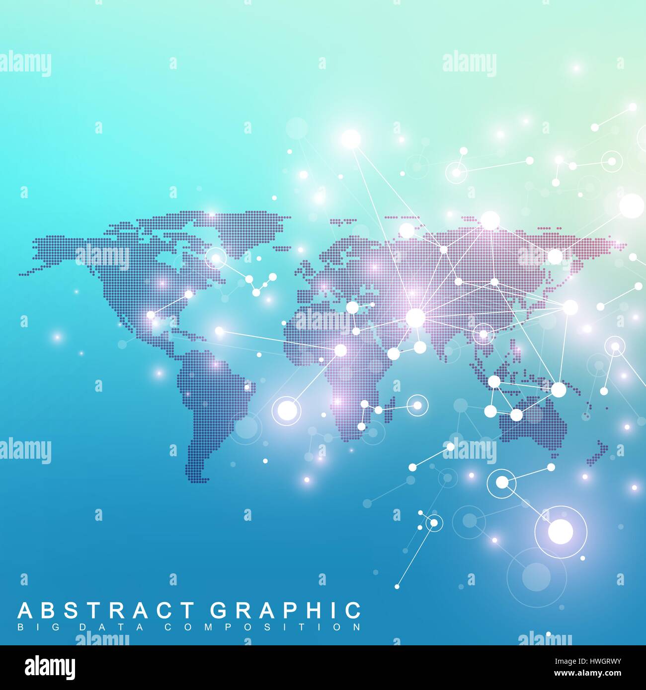 Geometric graphic background communication with dotted World Map. Big data complex. Particle compounds. Network connection, lines plexus. Minimalistic chaotic design, vector illustration. Stock Vector