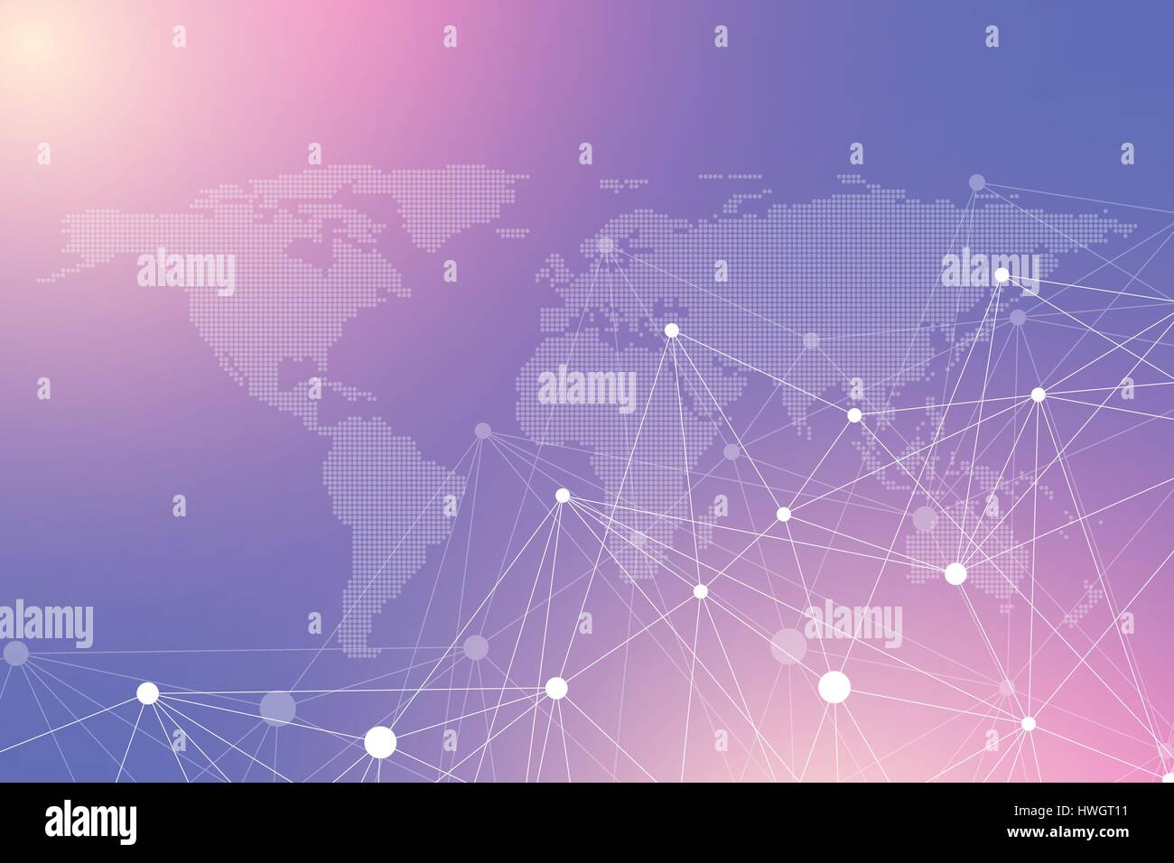 Geometric graphic background communication with dotted World Map. Big data complex. Particle compounds. Network connection, lines plexus. Minimalistic chaotic design, vector illustration. Stock Vector