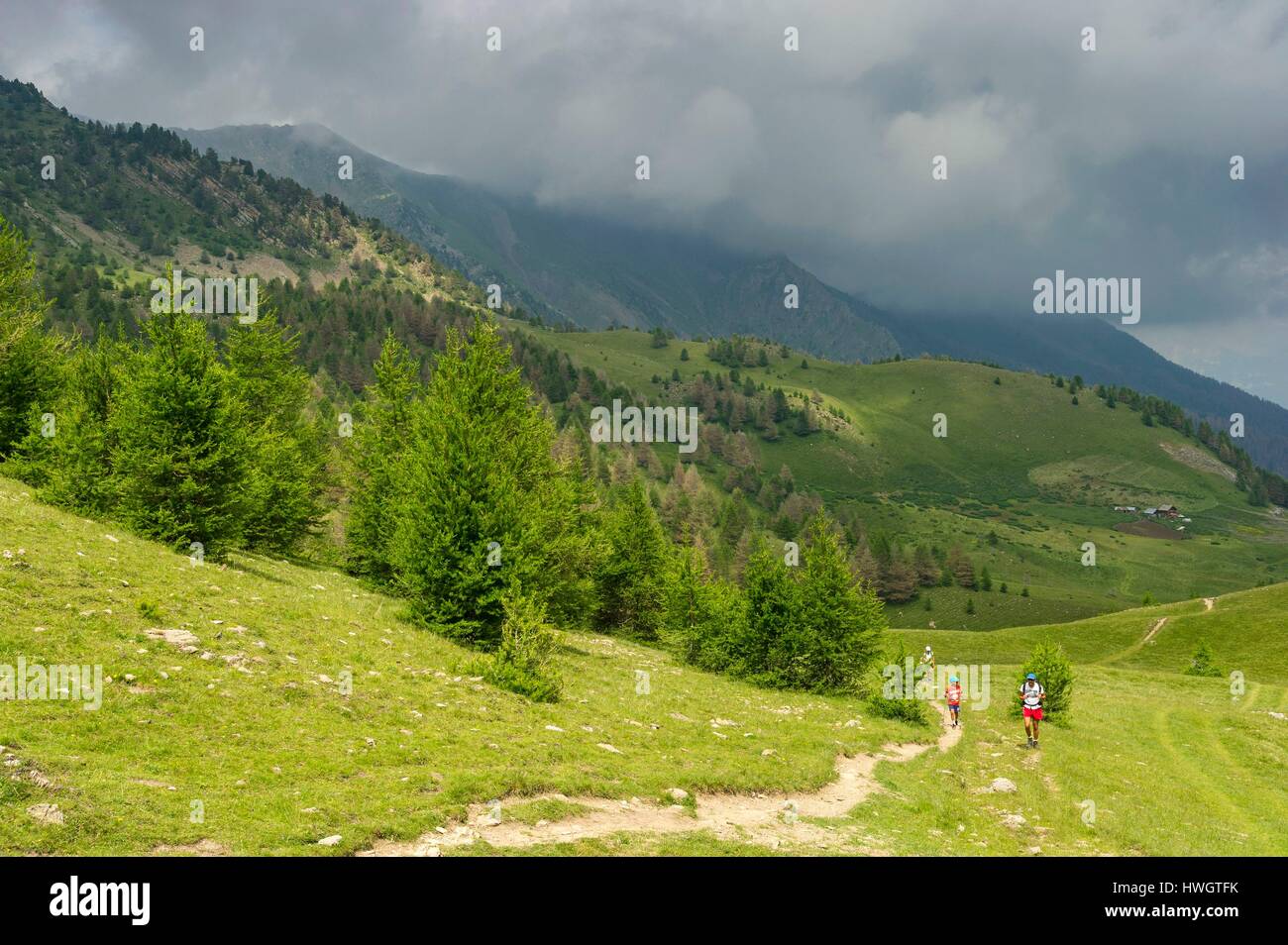 France, Hautes Alpes, Les Orres, hikers walking towards the lake of Ste Marguerite (2227m) Stock Photo