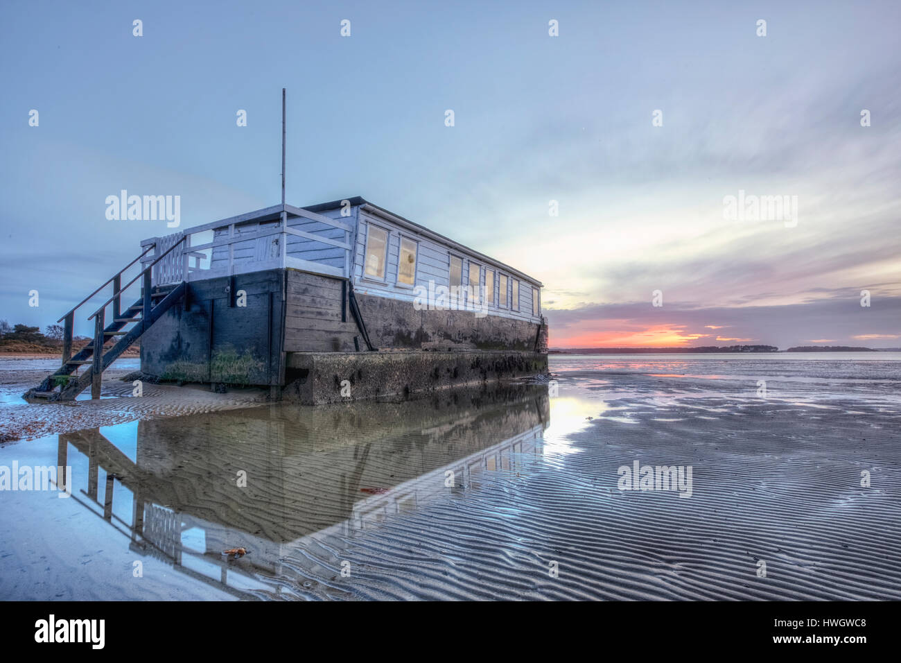 house boat at the Shell Bay, Studland, Shell Bay, Dorset, England, UK Stock Photo