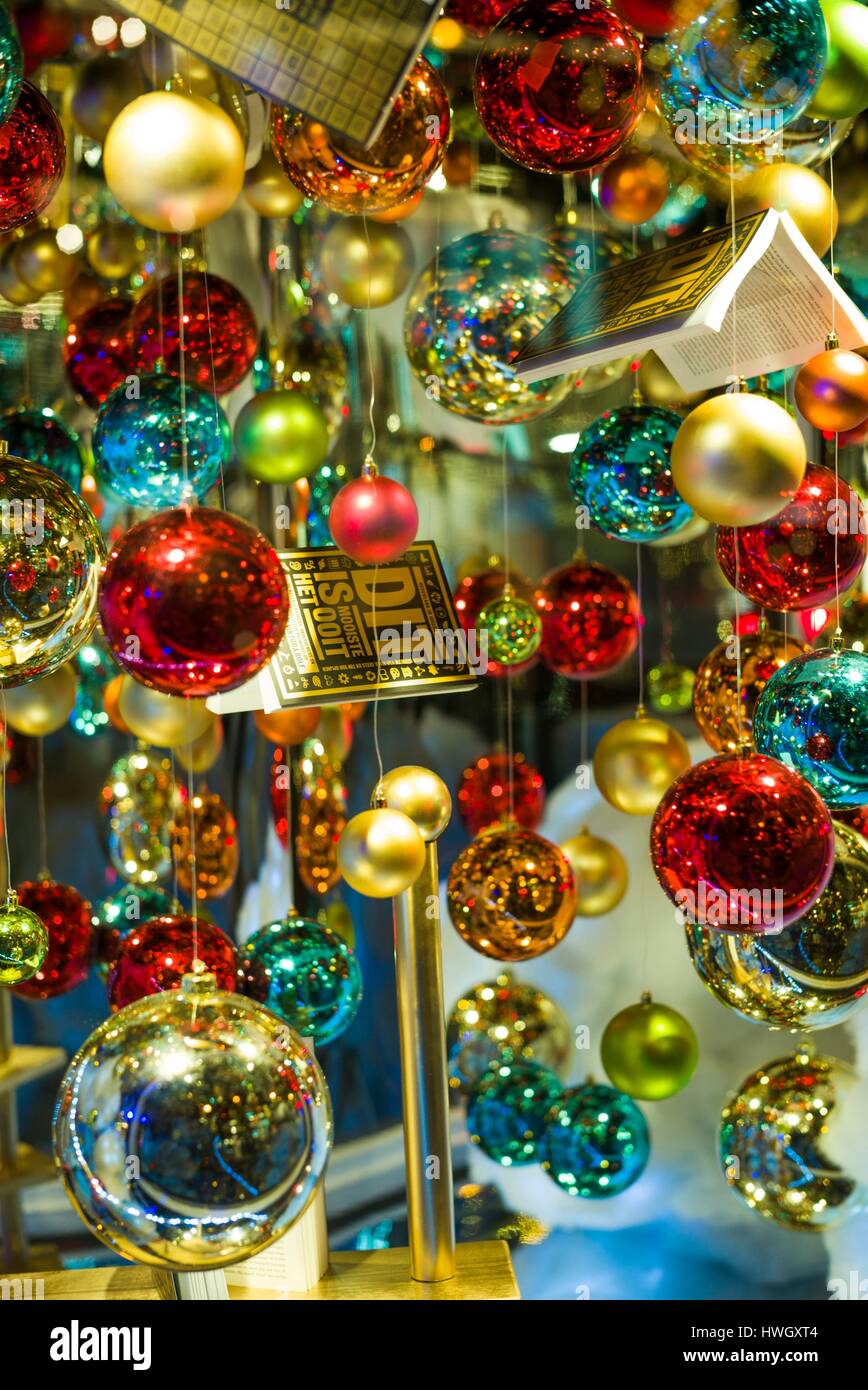 Netherlands, Amsterdam, Christmas decoration in bookshop window Stock