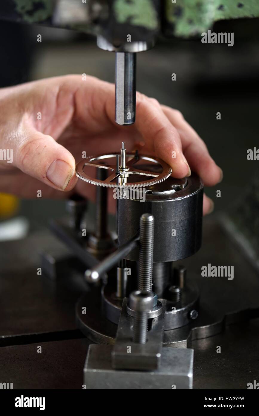France, Doubs, Chatillon le Duc, Manufacture of watchmaking Vuillemin, manufacture of clock movements Comtoise and design, driving a wheel on its axis Stock Photo