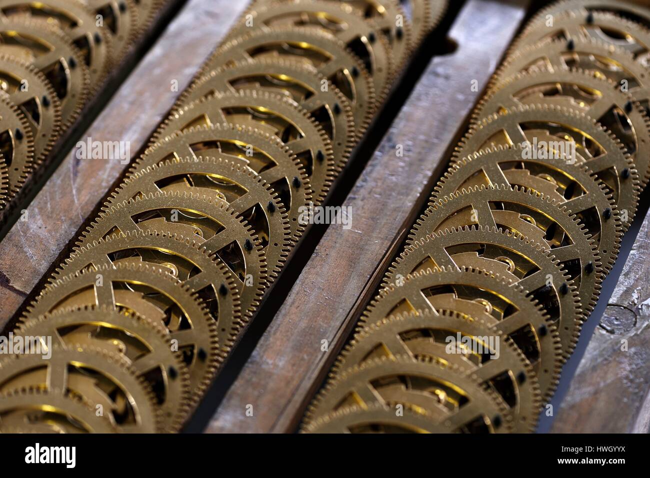 France, Doubs, Chatillon le Duc, Manufacture of watchmaking Vuillemin, manufacture of clock movements Comtoise and design, wheels Stock Photo