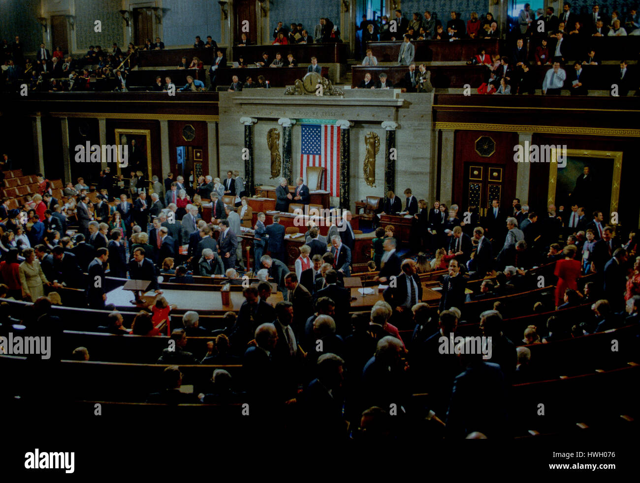 Overall views as members of the House of Representatives mingle with their families on the floor of the House Chambers in the US Capitol during the opening day ceremonies of the 104th congress, WashingtonDC., January 3, 1995.  Photo by Mark Reinstein Stock Photo