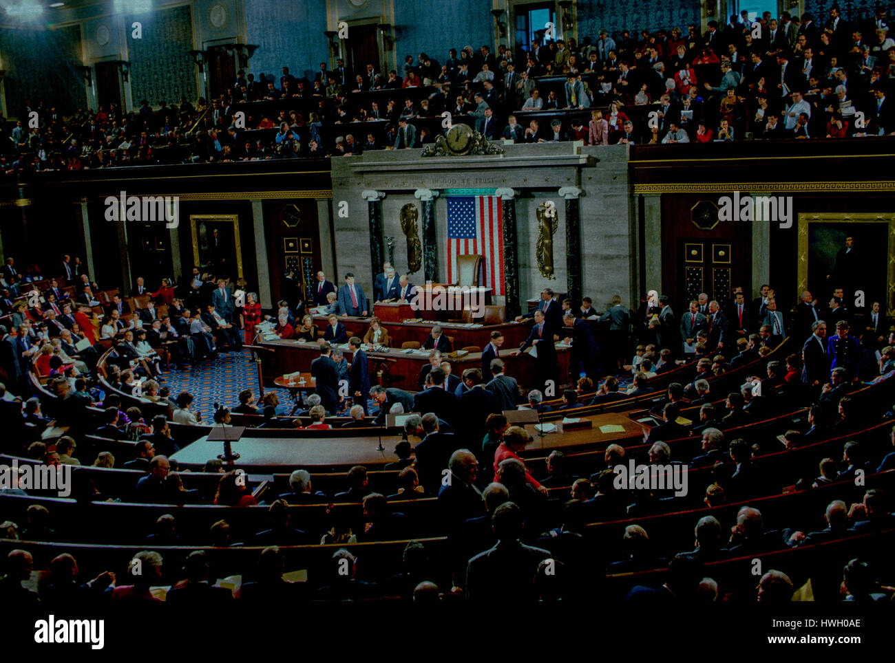 Overall views as members of the House of Representatives mingle with their families on the floor of the House Chambers in the US Capitol during the opening day ceremonies of the 104th congress, WashingtonDC., January 3, 1995.  Photo by Mark Reinstein Stock Photo