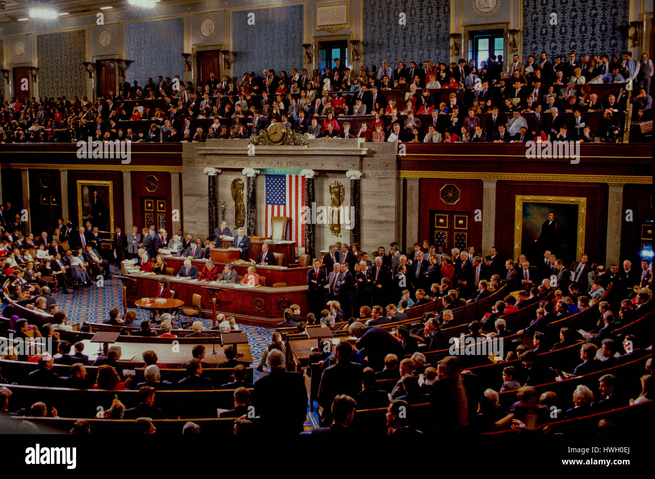 Overall views as members of the House of Representatives mingle with their families on the floor of the House Chambers in the US Capitol during the opening day ceremonies of the 104th congress, WashingtonDC., January 3, 1995.  Photo by Mark Reinstein Stock Photo