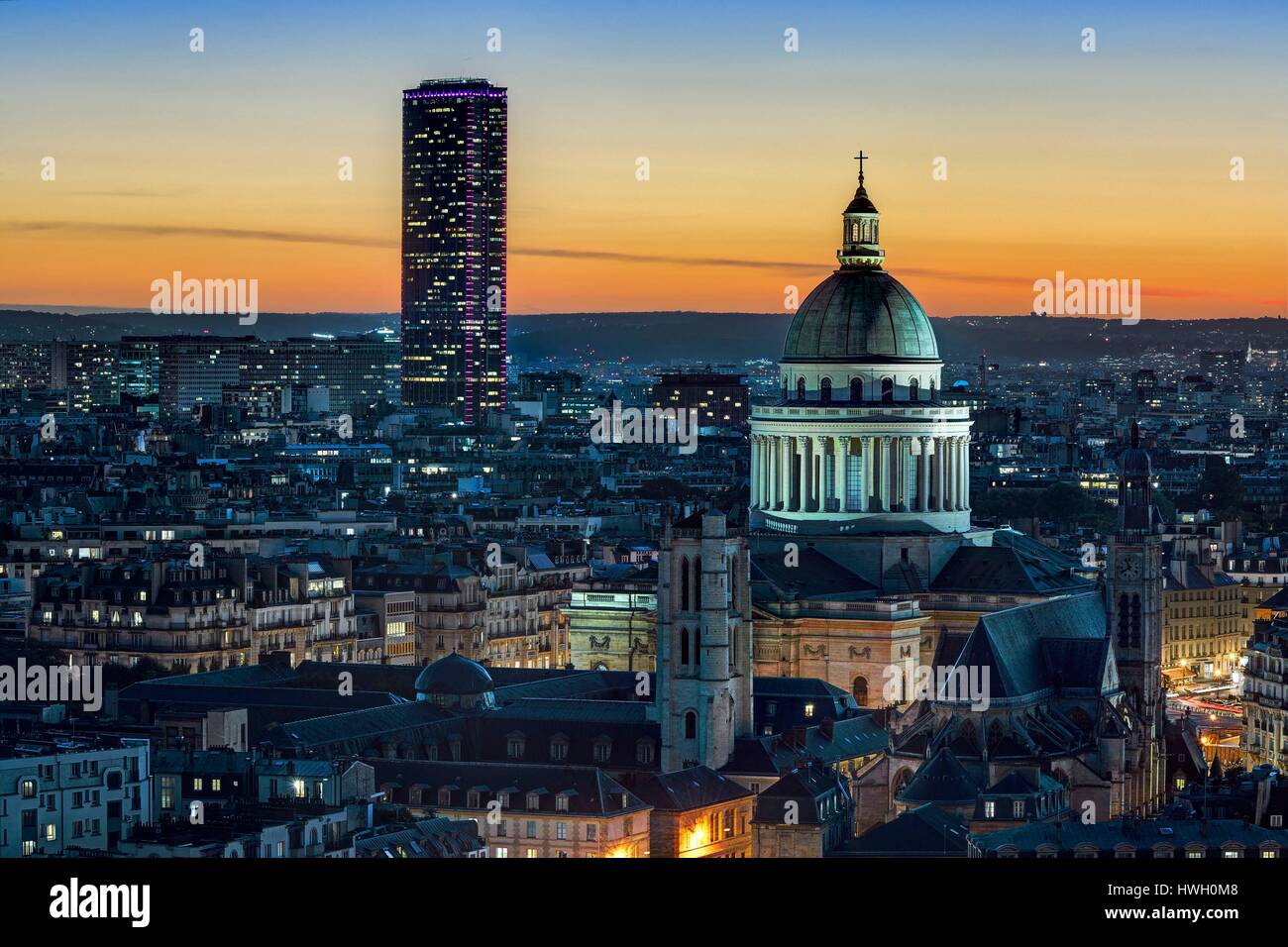 France, Paris, the Pantheon illuminated and Montparnasse tower Stock Photo