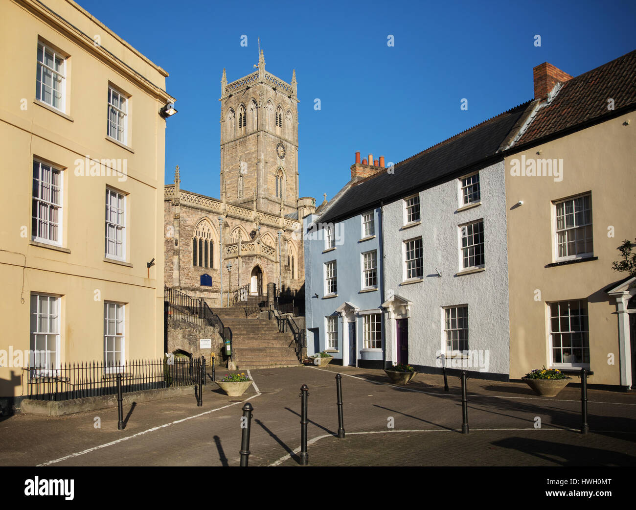 Axbridge village square with the church of St John the Baptist in Somerset UK Stock Photo