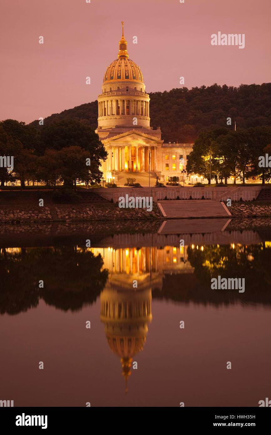 United States, West Virginia, Charleston, West Virginia State Capitol, reflection, dawn Stock Photo