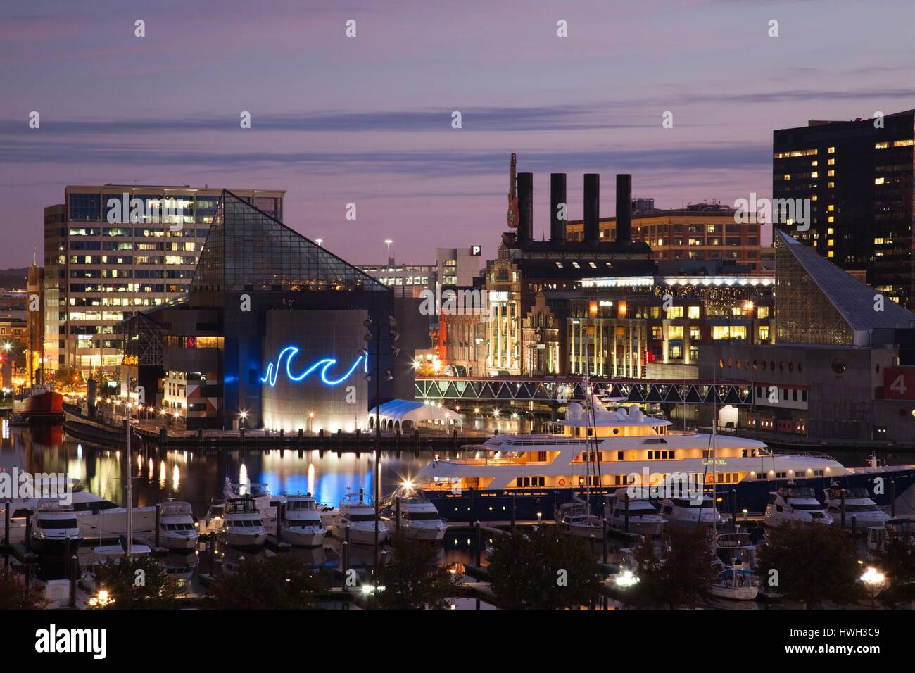 United States, Maryland, Baltimore, Inner Harbor, National Aquarium and Powerplant Mall, dawn Stock Photo