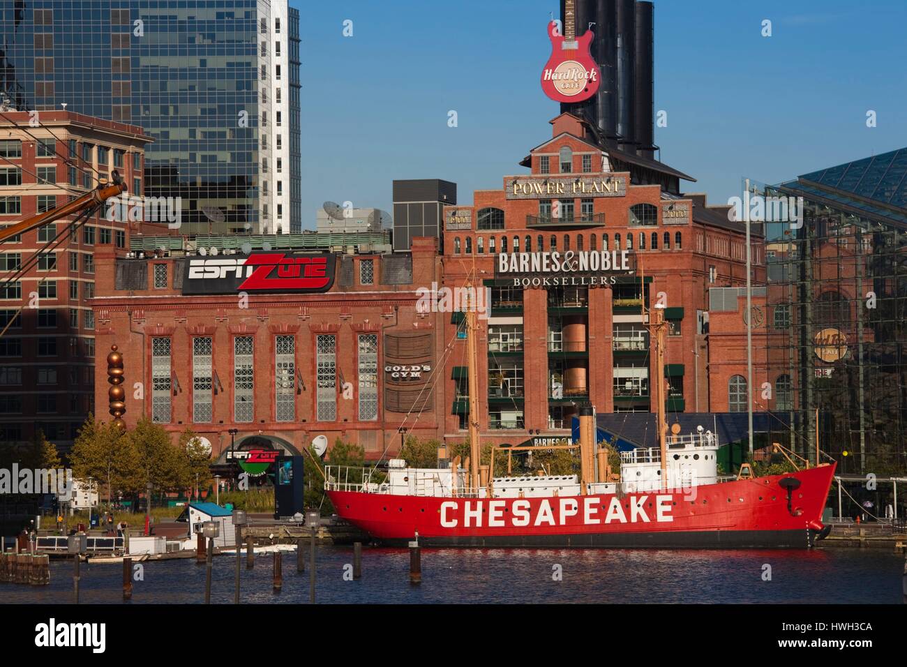 United States, Maryland, Baltimore, Inner Harbor, Powerplant Mall and Lightship Chesapeake Stock Photo
