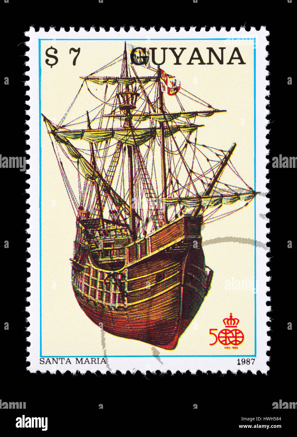 Postage stamp from Guyana depicting the Santa Maria, Columbus' flagship